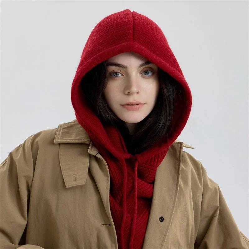 Women's Winter Knit Balaclava Hat with Drawstring Scarf