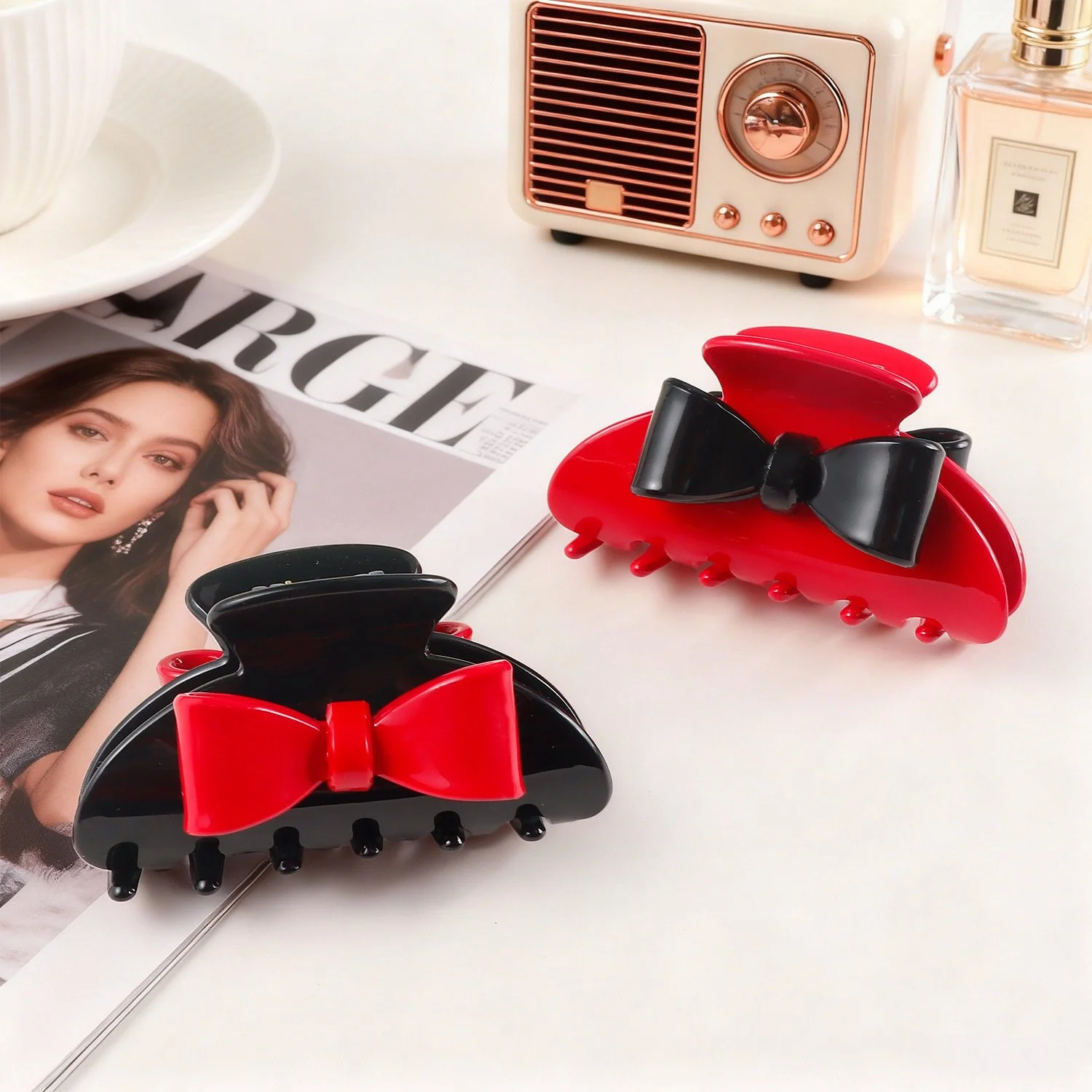 Red and Black Bow Acrylic Hair Claw Clip for Women and Girls