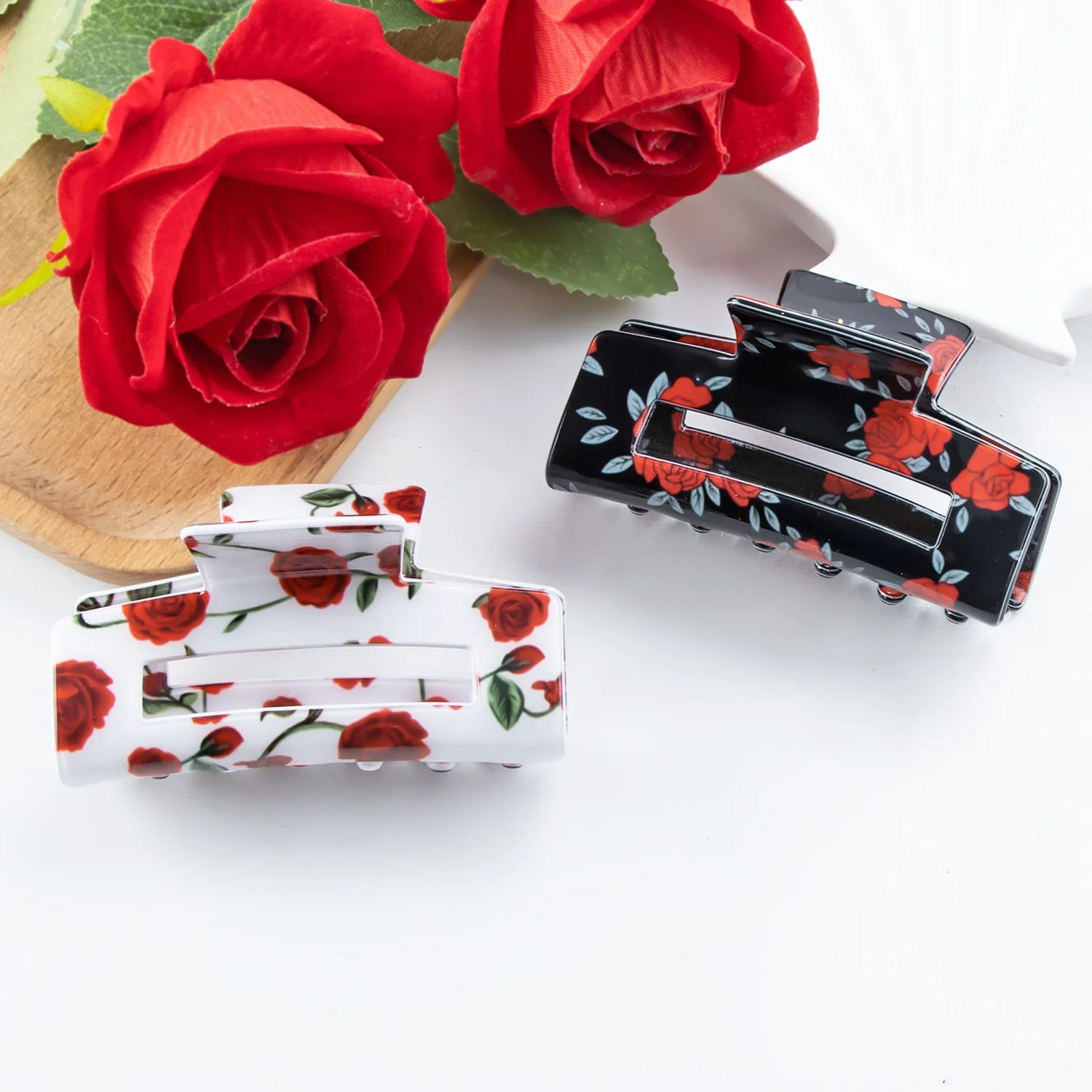 Elegant Red Rose Acrylic Hair Claw Clip