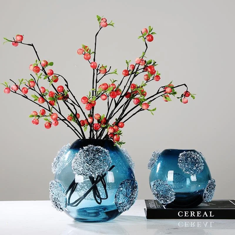 Blue Glass Geometric Circular Vase - Modern Hydroponics Terrarium Flowerpot for Home Decor