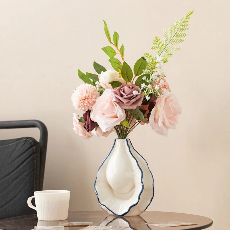 Wave-Shape Blue Edge Ceramic Flower Vase – Elegant Home Décor Accessory