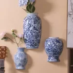 Ceramic Blue and White Wall-mounted Vase for Flower Arrangements
