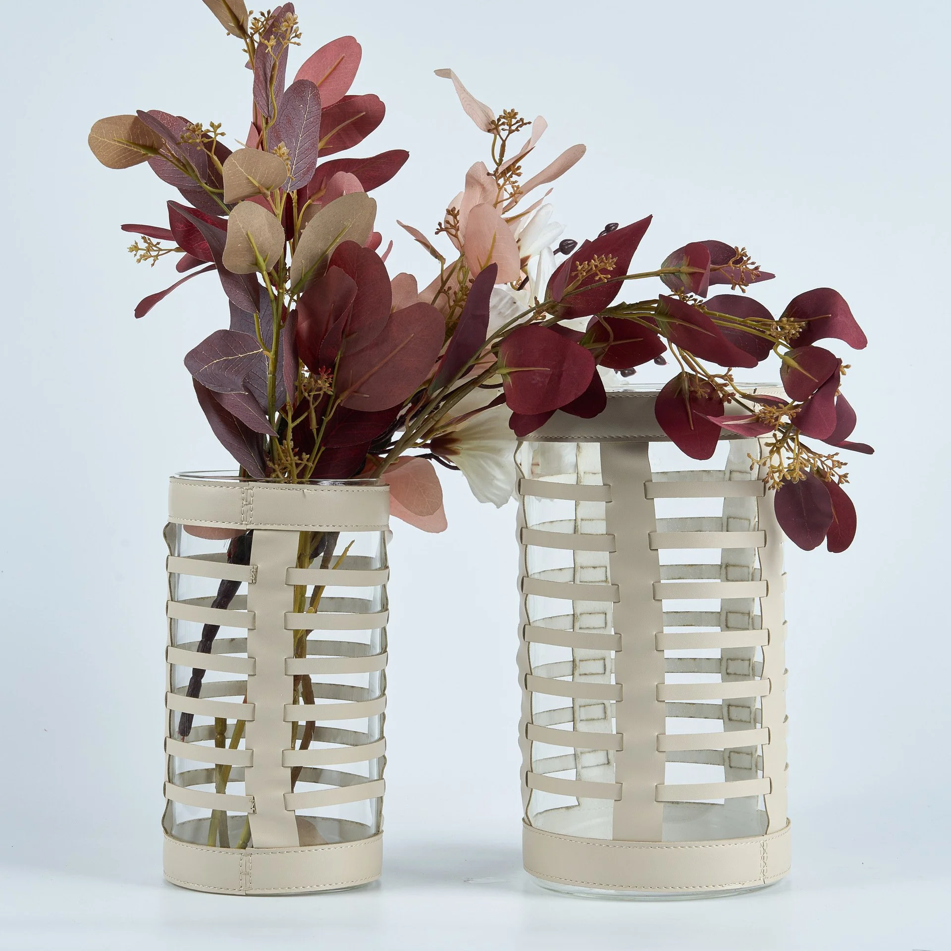 Glass Cylinder Vase with Leather Stripes – Transparent Geometric Terrarium Flowerpot