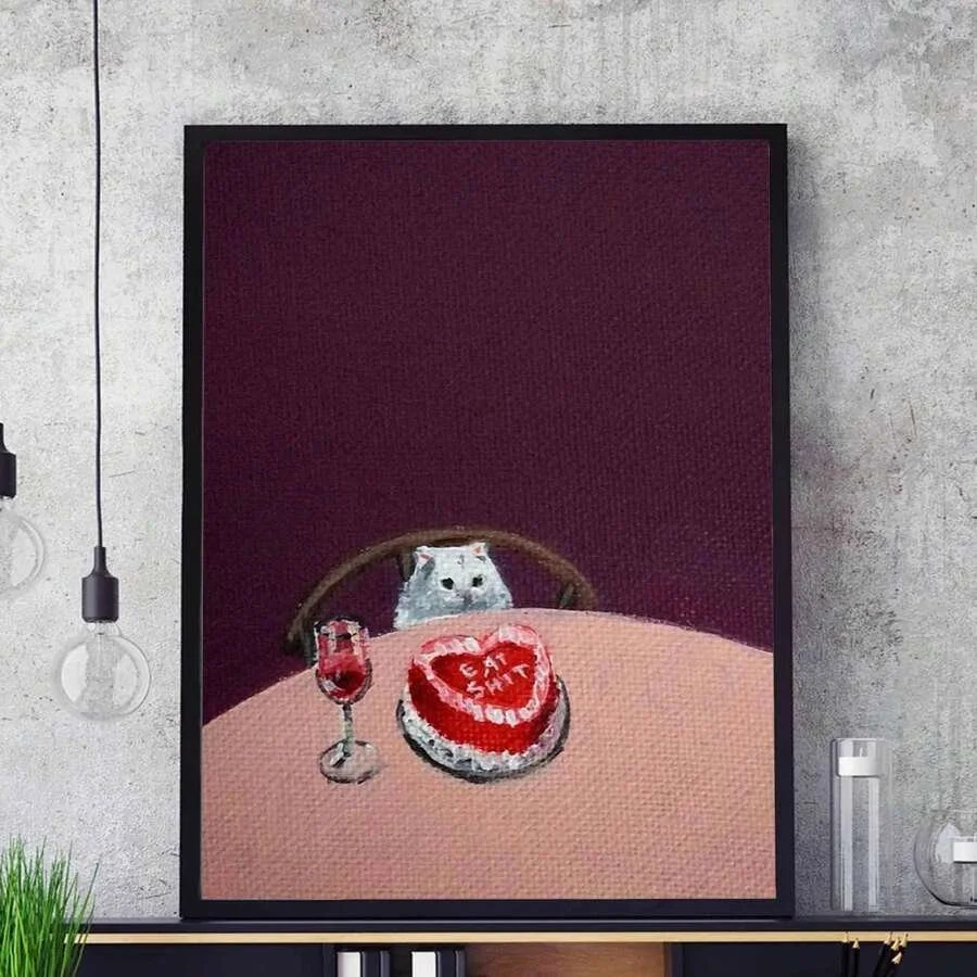 Frameless Cats Pairing Red Wine Poster - Modern Minimalist Wall Art for Living Room