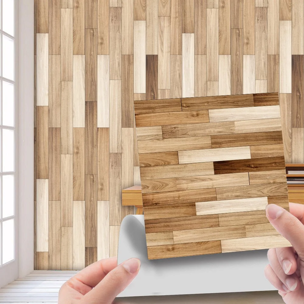 Imitation Wood Grain Self-Adhesive Wall Stickers - Retro Tile Decor