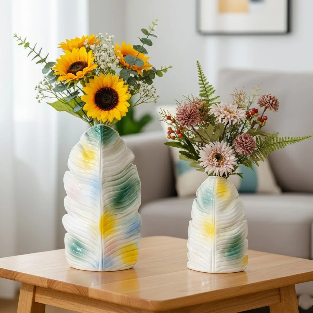 Modern Ceramic Vase with Banana Leaf Pattern - Colorful Abstract Glaze Decorative Tabletop Vase