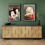 Modern Abstract Japanese Woman & Cat Canvas Wall Art - Ideal for Living Room, Bedroom, Hallway