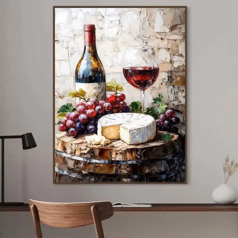 Rustic Watercolor Wine & Cheese Kitchen Wall Art Canvas