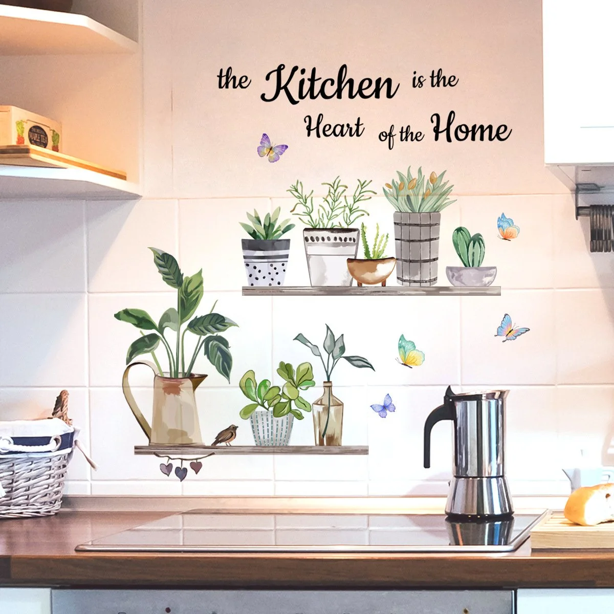 Cartoon Green Plant Pot Wall Sticker - English Kitchen Decor