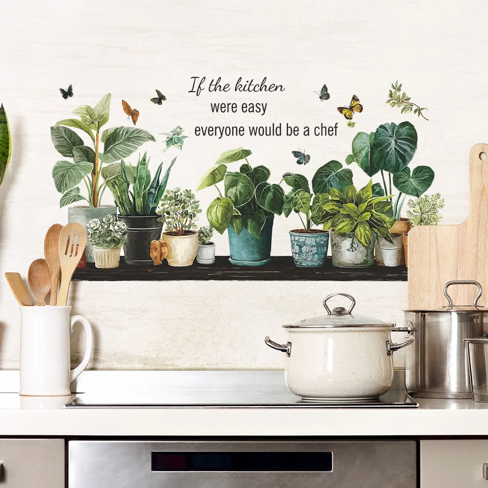 Butterfly Flower Wall Stickers - Green Plants Kitchen Decor
