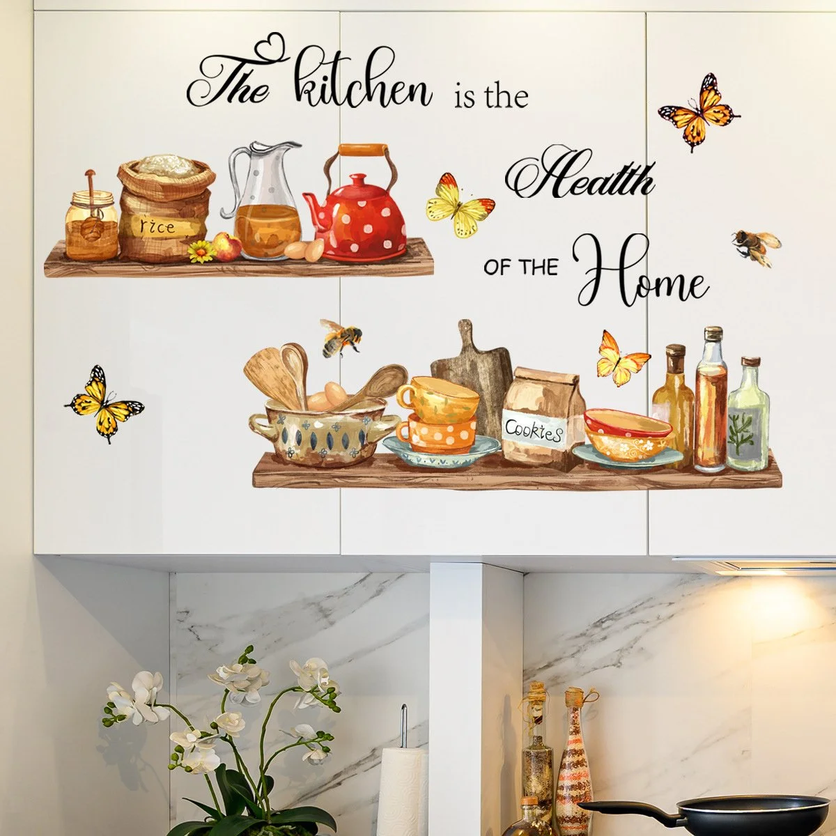 Cartoon Kitchen Utensils Wall Decal – Self-Adhesive Kitchen Background Mural