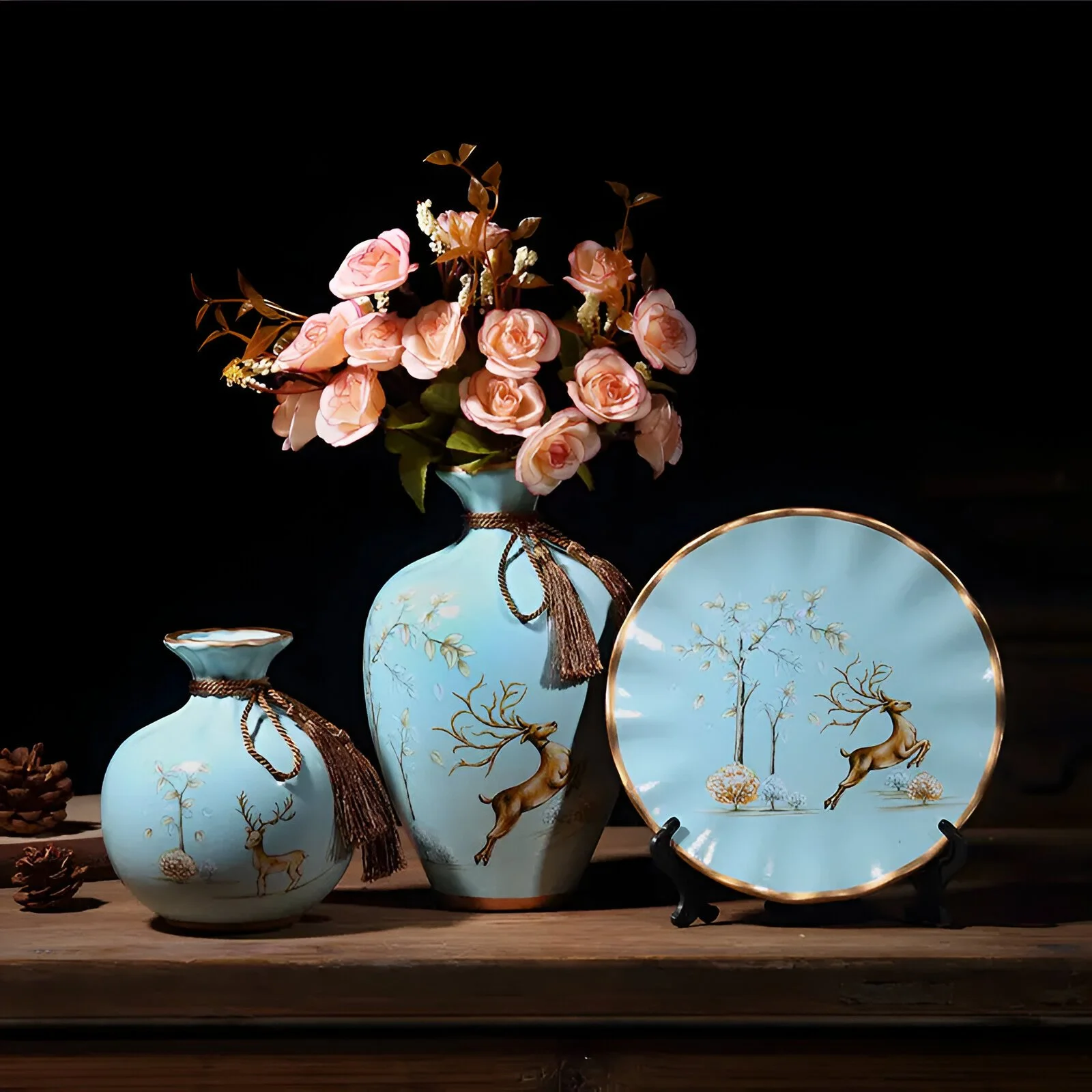 3Pcs Ceramic Vase Set with Dried Flowers - Elegant Home Decoration for Living Room and Entrance
