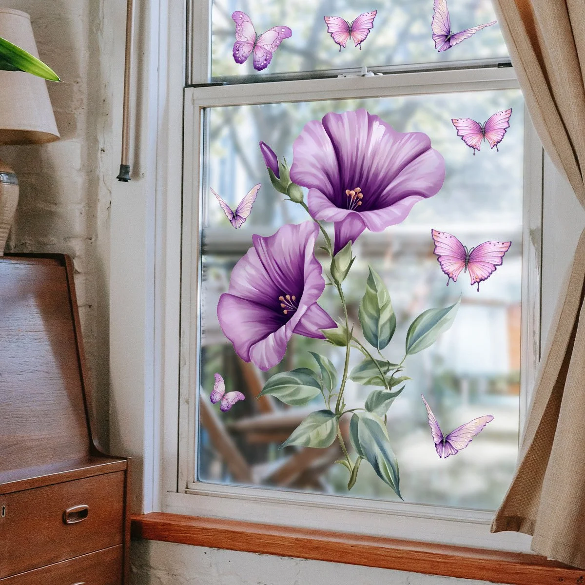 Purple Flower & Butterfly Electrostatic Window Stickers