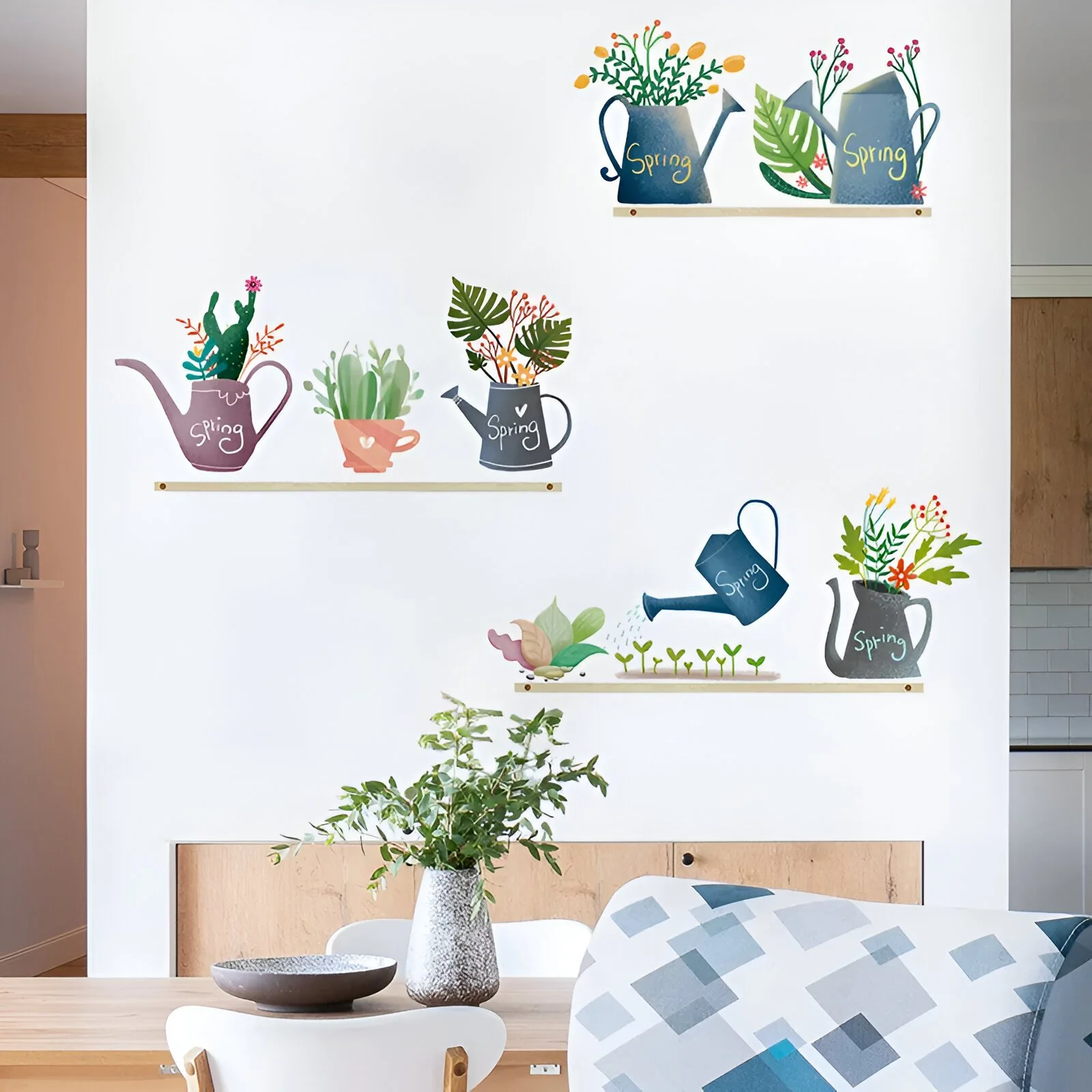 Creative Watering Pot Wall Sticker – Floral Wall Decor for Home & Kitchen