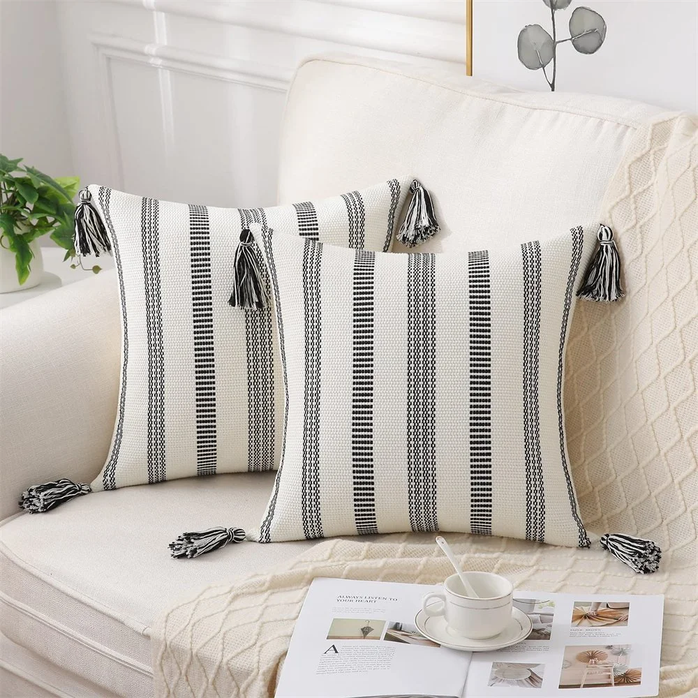 Luxury Cotton Striped Pillow Cover 18x18 Inch Decorative Cushion Case