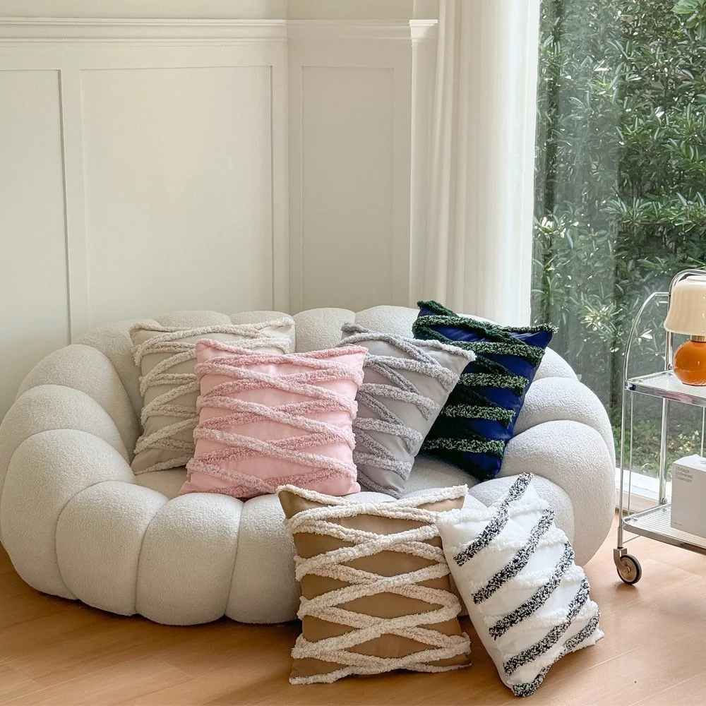 Pink Blue Geometric Tufted Cushion Cover with Tassels for Sofa and Home Decor