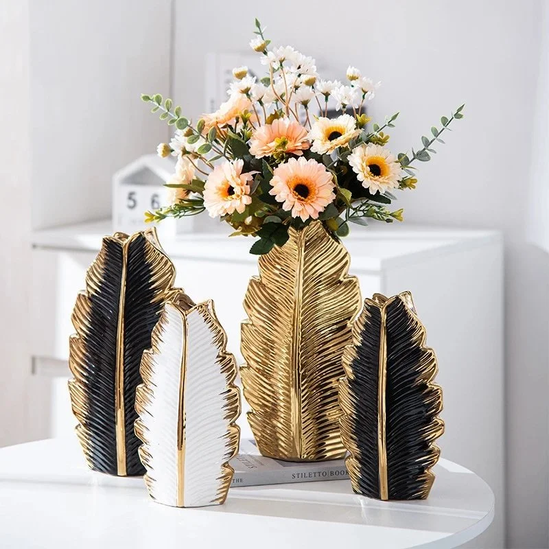 Set of 2 Nordic Black & Gold Leaf Ceramic Vases