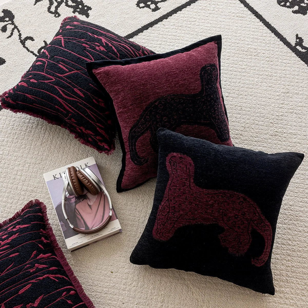 Retro Black Purple Cushion Cover with Tassel - Embroidered Pillowcase
