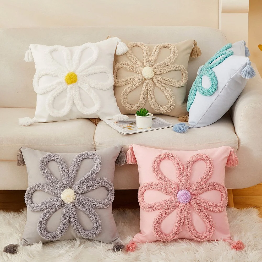 Nordic Floral Embroidered Tufted Cushion Cover 18x18in with Fringe