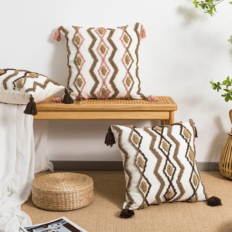Moroccan Geometric Diamond Tassel Cushion Cover - Pink and Coffee Colors
