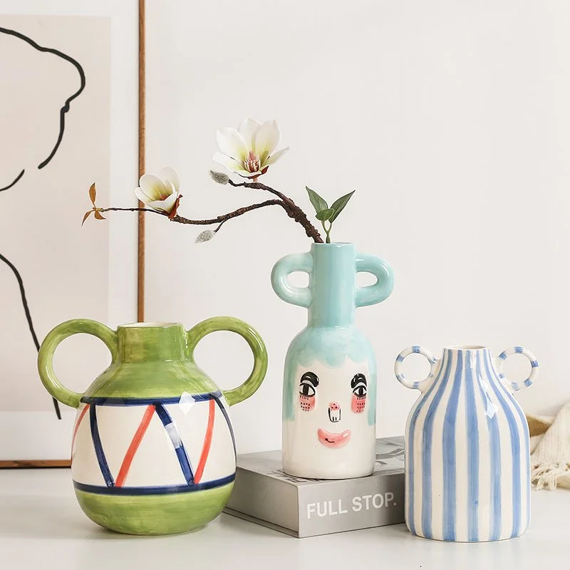 Ceramic Vase with Geometric Stripes and Handle