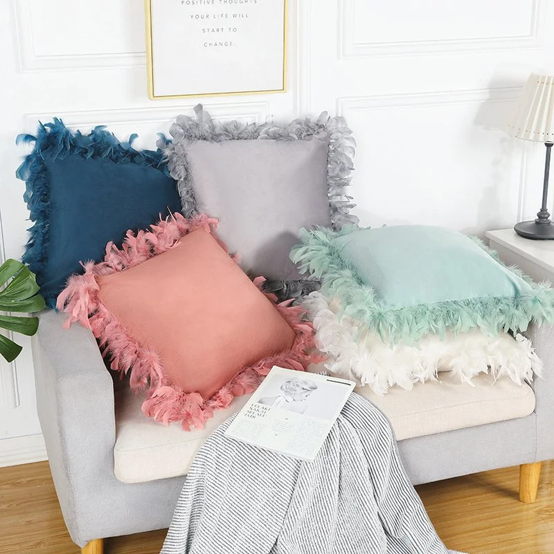 Velvet Pillow Cover with Feather & Pompom Decor 18x18 Inch