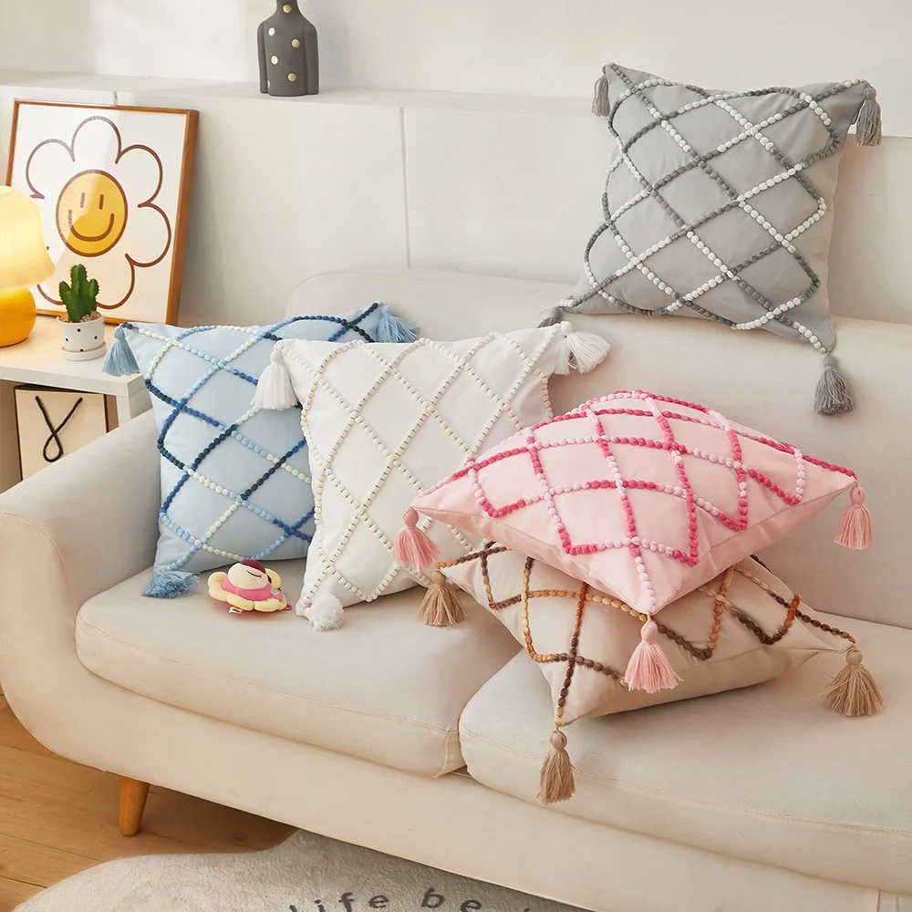 Geometric Patchwork Cushion Cover with Tassels