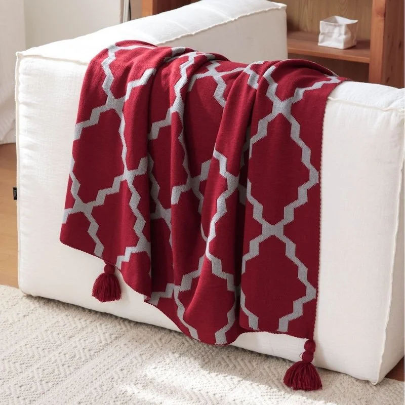 Red Knit Geometric Blanket Throw for Sofa or Bed
