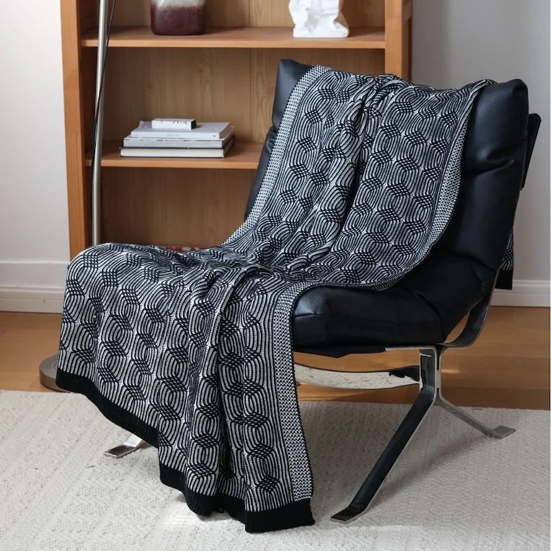 Black Geometric Knitted Throw Blanket Blue Modern Sofa Bedspread