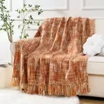 Orange Knit Throw Blanket with Tassels – Boho Decorative Sofa & Bedspread