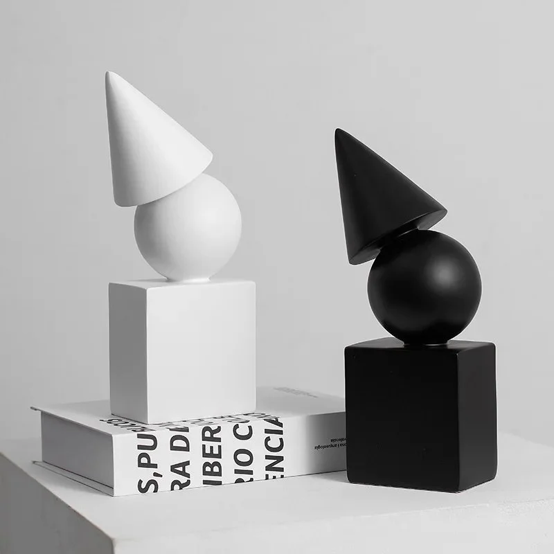 Black and White Geometric Resin Cone Figurines – Modern Home Decor