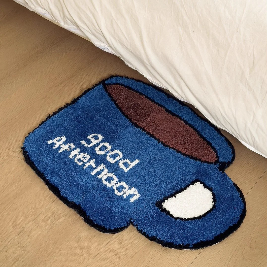 Blue Cup Tufted Bathroom Mat Anti-Slip Soft Rug for Bedroom & Home Decor