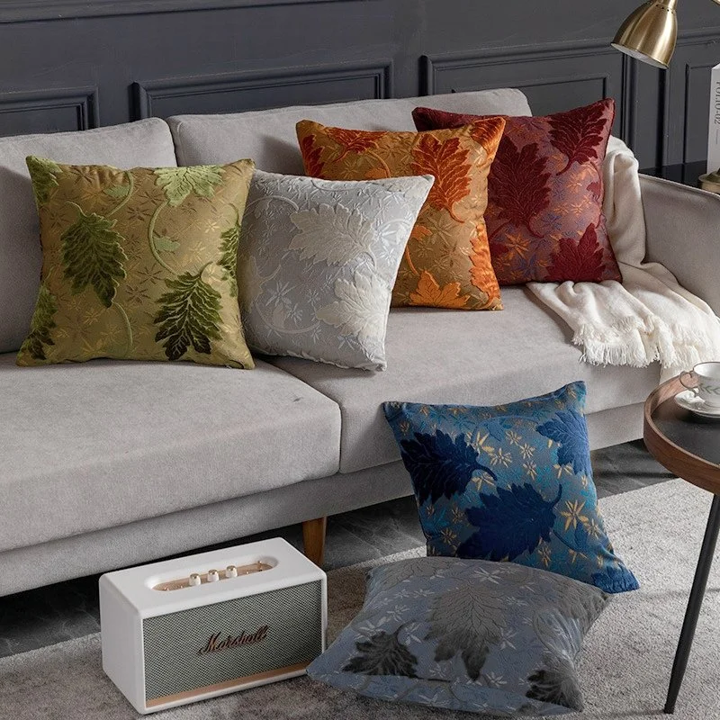 Luxury Embroidered Leaf Cushion Cover 18x18 Inch