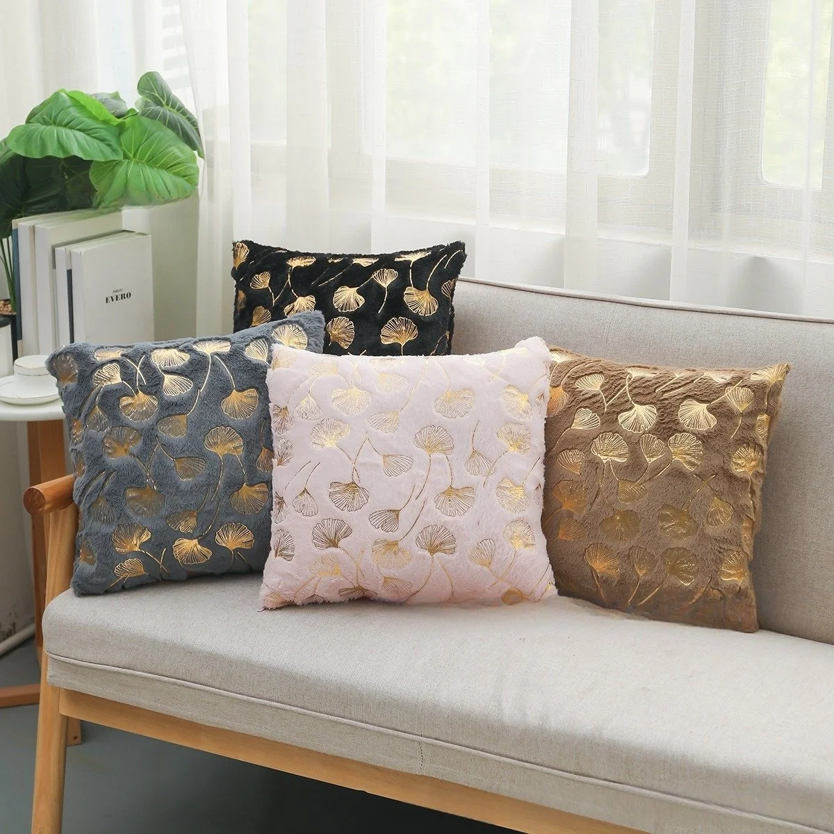Golden Plush Ginkgo Leaf Cushion Cover 16.5x16.5in