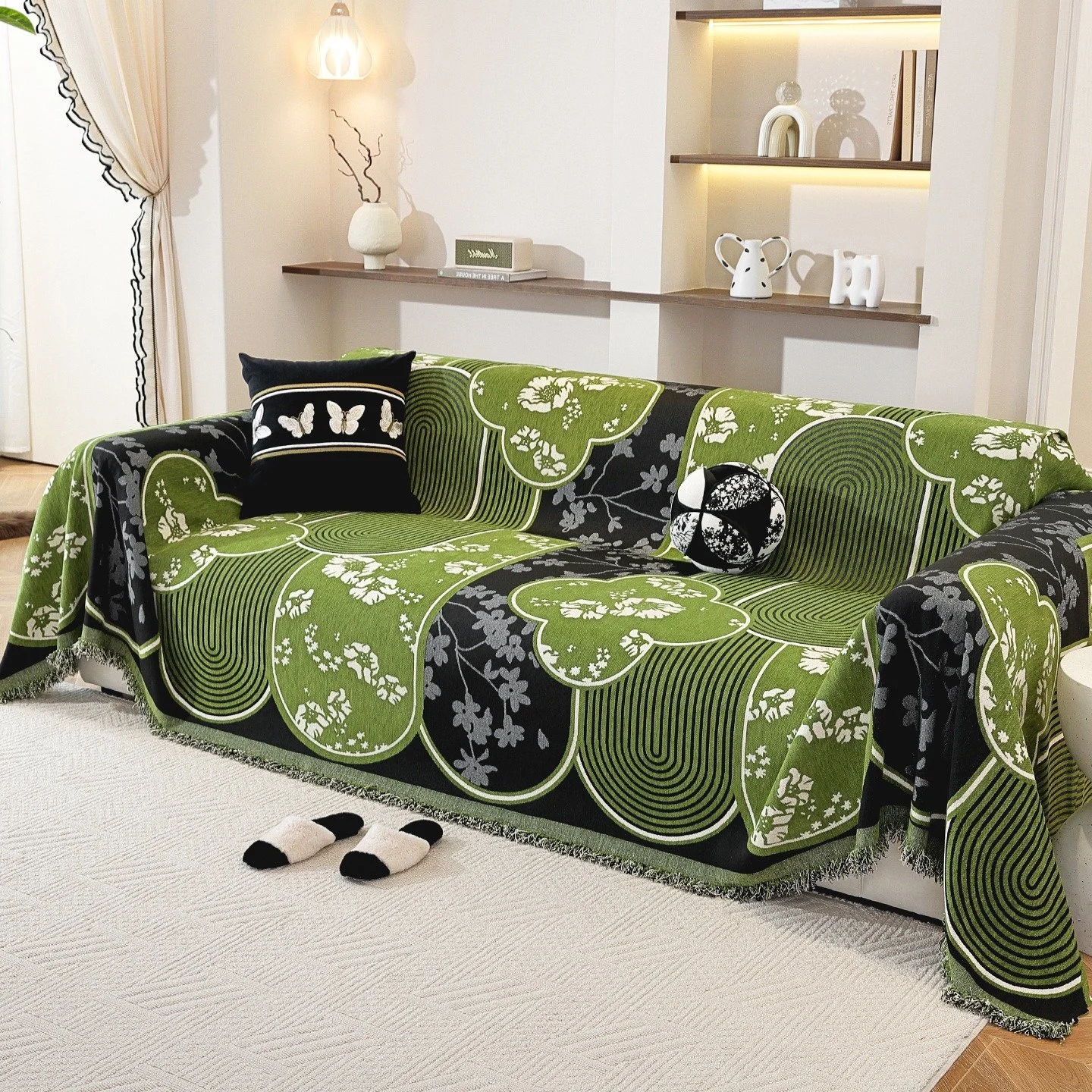 Floral Jacquard Chenille Sofa Cover with Tassels