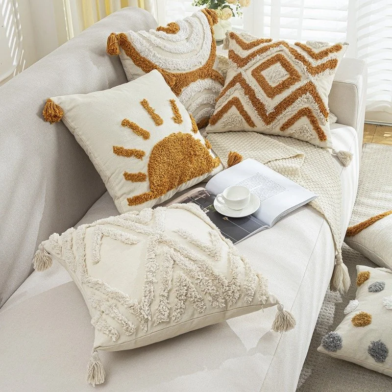 Bohemian Geometric Embroidered Tassel Pillow Cover 18x18 Inch