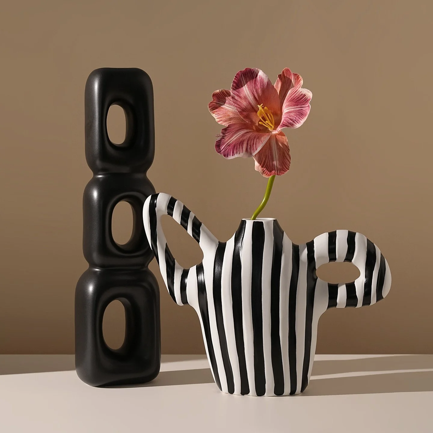 Modern Black and White Striped Ceramic Vase