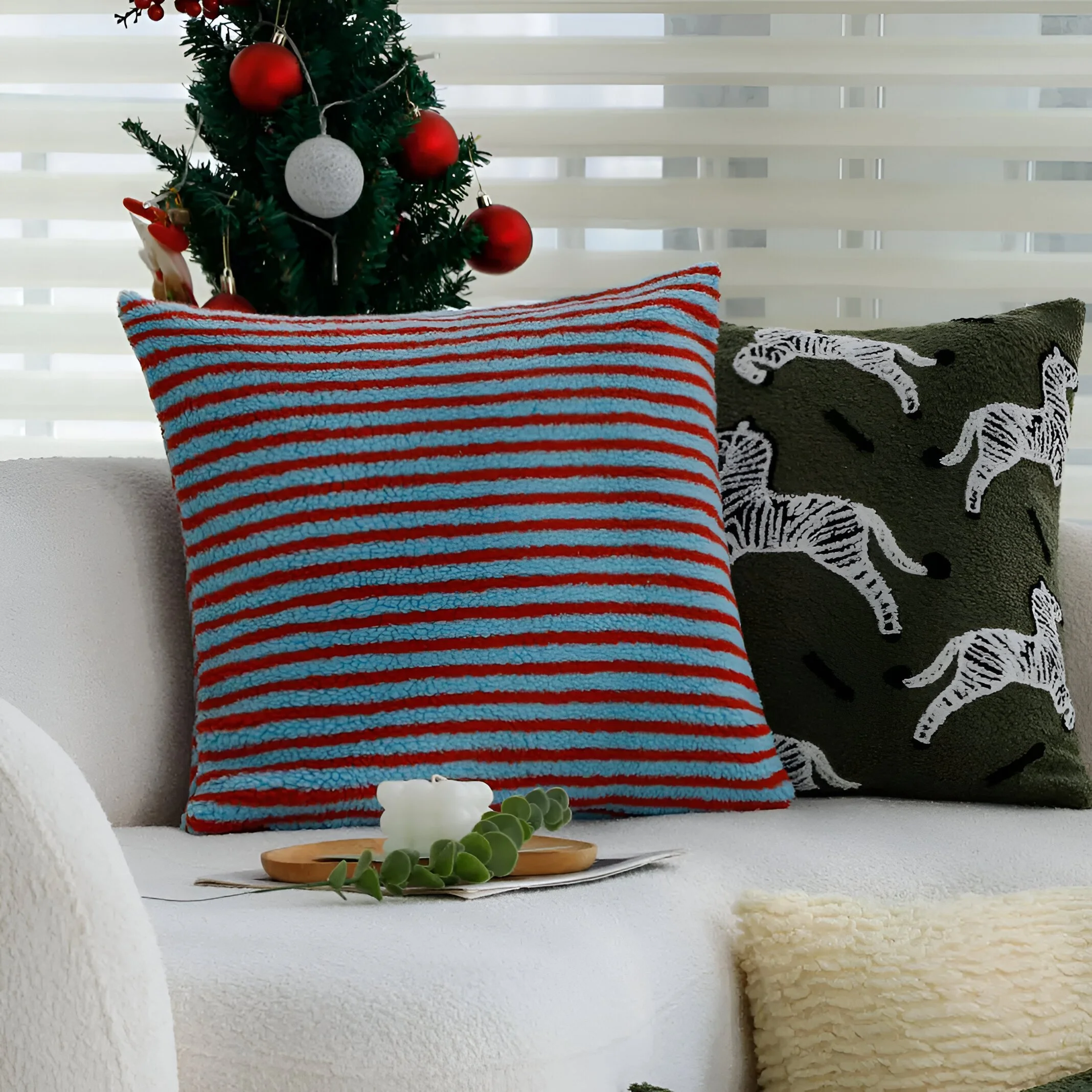 Contrast Stripe Plush Cushion Cover 18x18 Inch Decorative Throw Pillowcase
