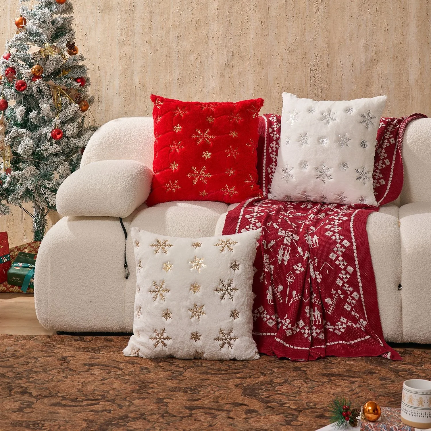 Golden Snowflake Christmas Decorative Pillow Cover 18x18 Inch