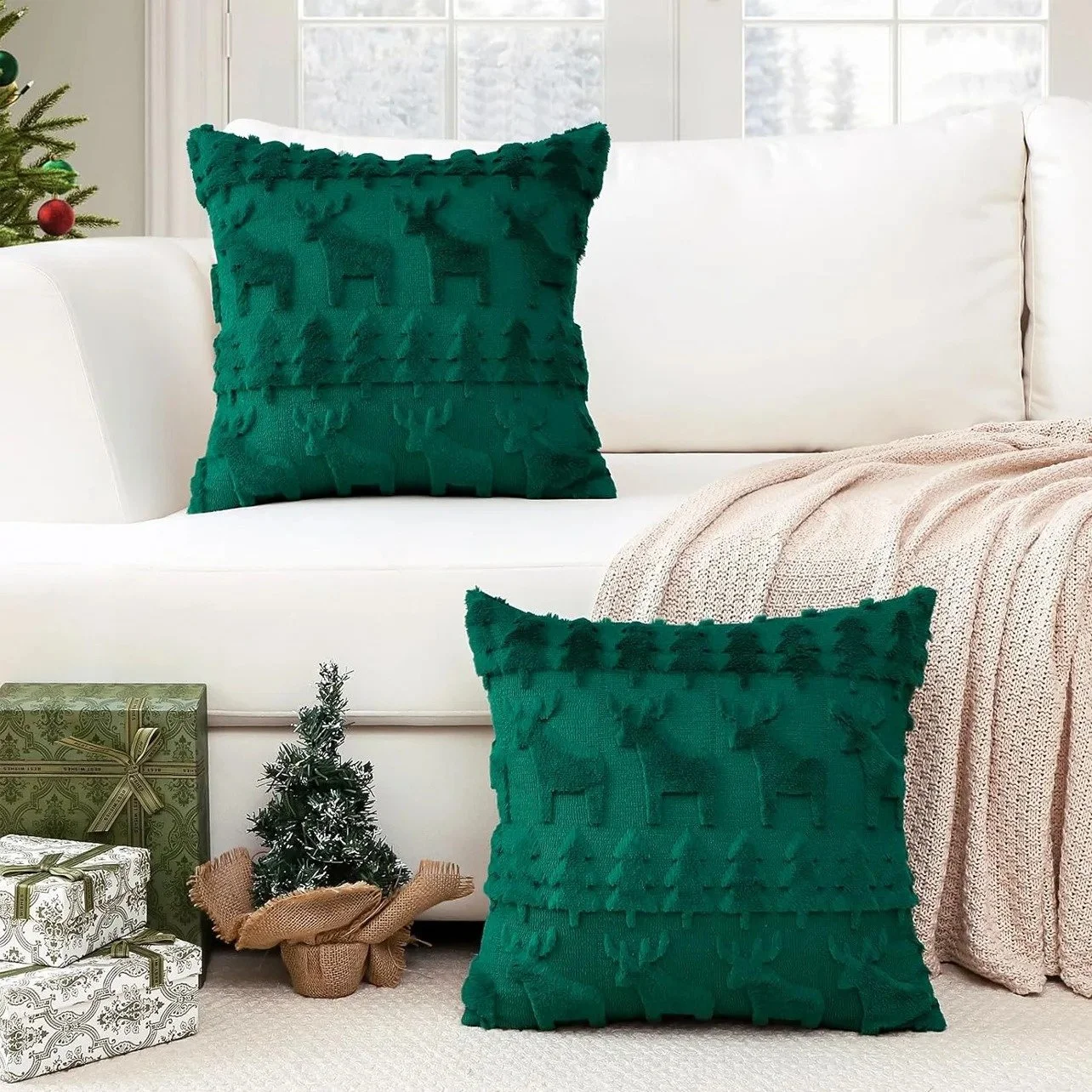 Embroidered Christmas Elk & Tree Plush Throw Pillow Cover 18x18 Inch