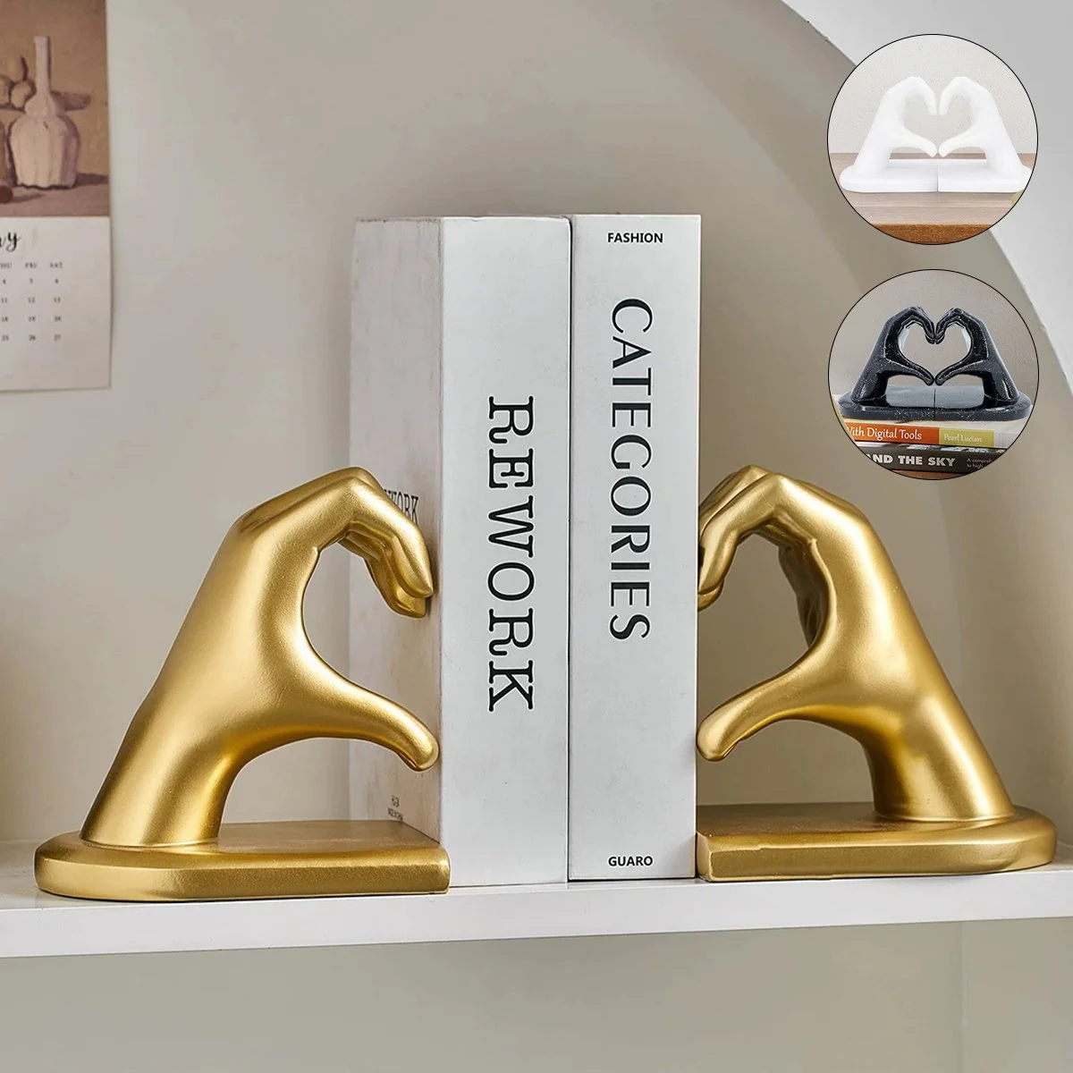 Golden Love Gesture Resin Bookends – Modern Decorative Shelf Holders
