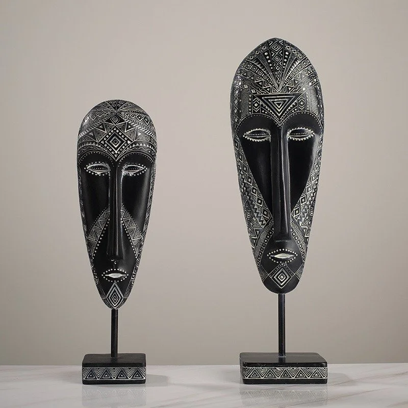 African-Inspired Resin Face Mask Sculpture with Retro Handcrafted Detail