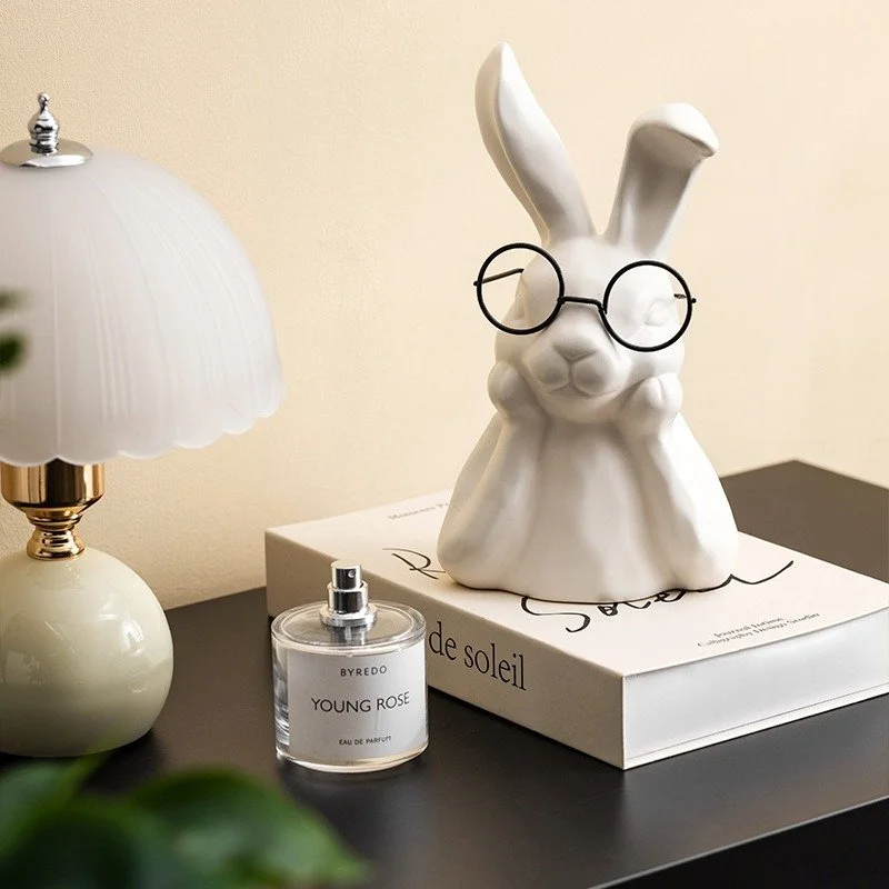 Modern Ceramic Rabbit Figurine Set with Glasses