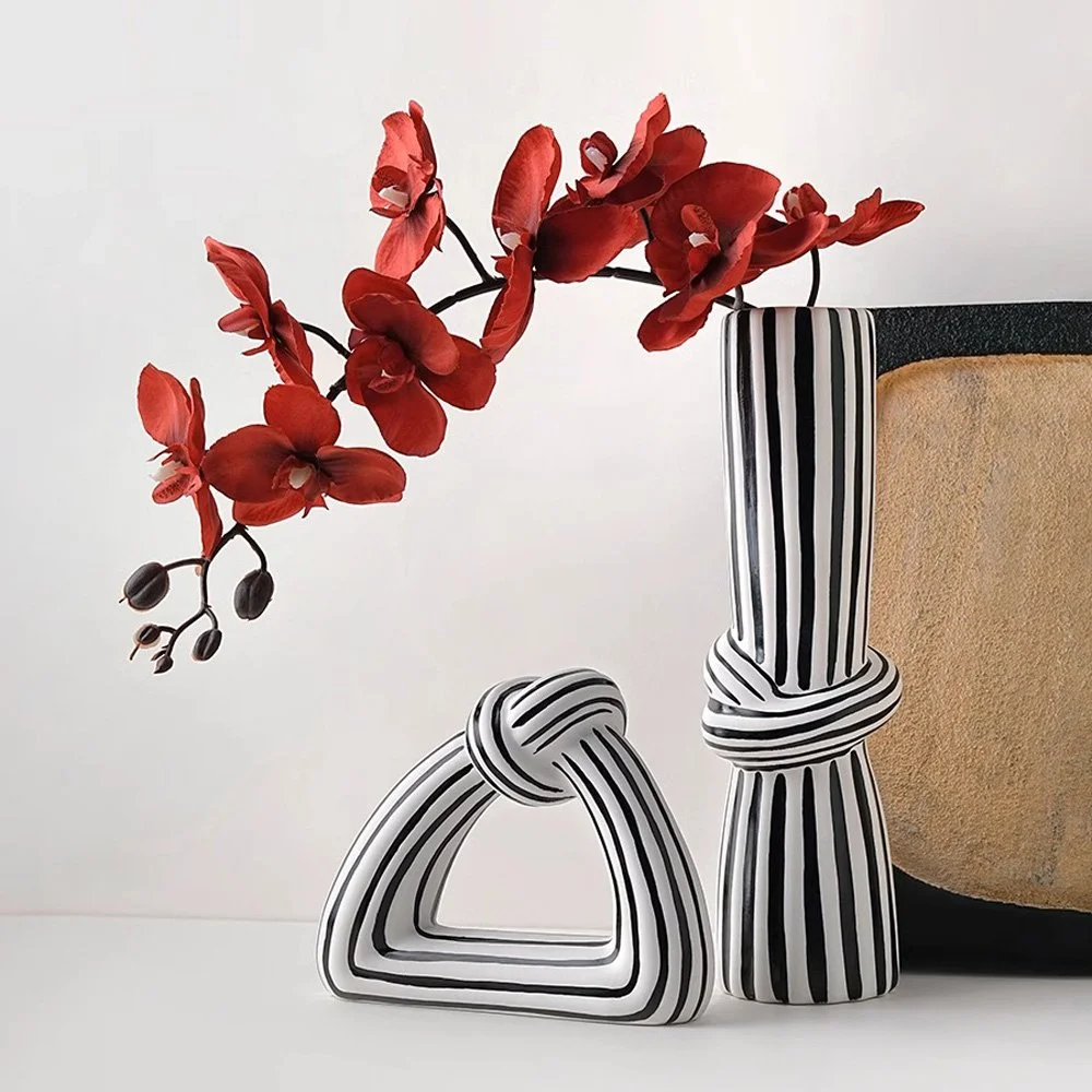 Black and White Striped Knot Ceramic Vase