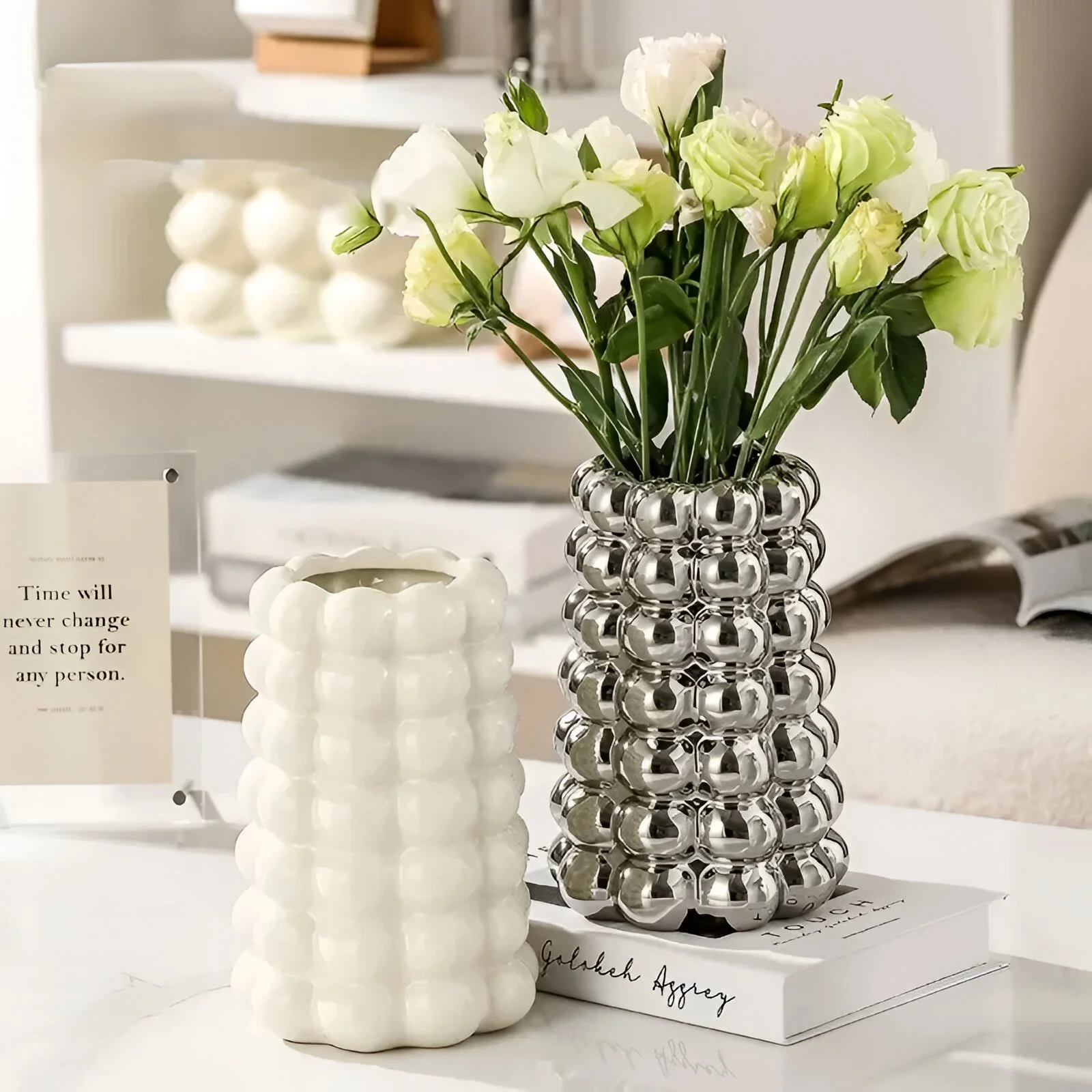 Nordic Ceramic Milk White & Silver Tabletop Vase - Modern Home Decor