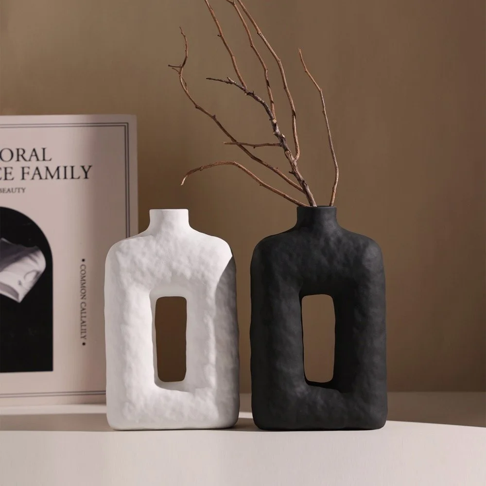 Modern Black and White Openwork Ceramic Vase