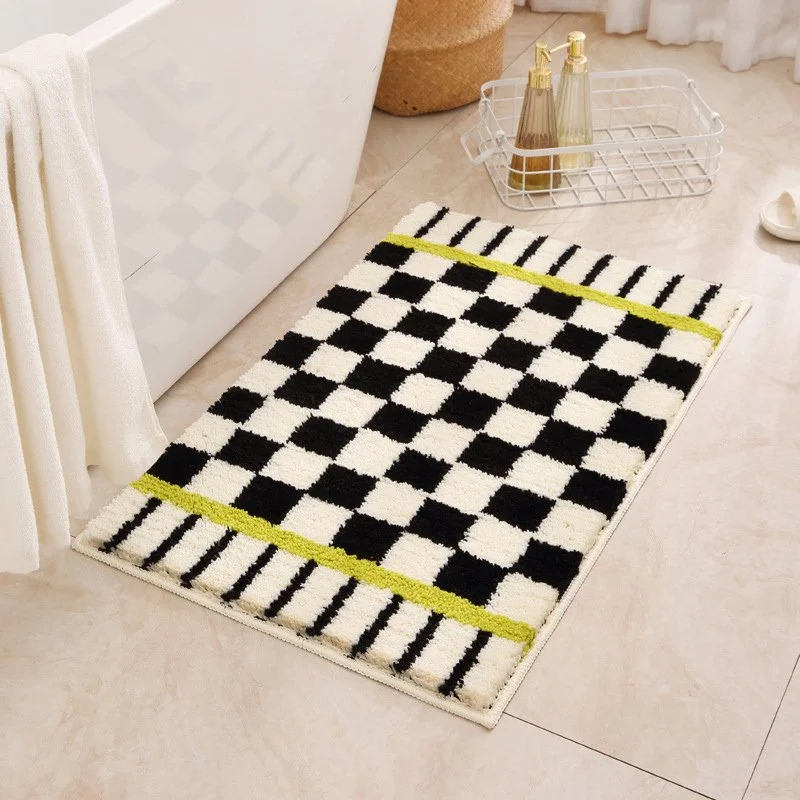 Modern Grid Tufted Bathroom Rug Soft Anti-Slip Black & White Mat