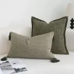 Green Grid Tassel Jacquard Throw Pillow Cover for Sofa & Living Room