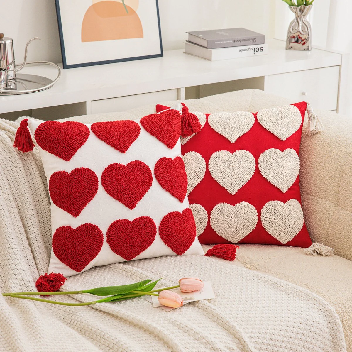Embroidered Heart Tufted Throw Pillow Cover for Sofa & Bed Decor