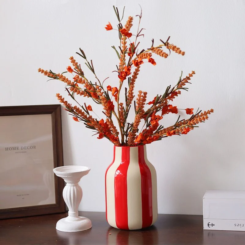 Ceramic Red Geometric Stripe Vase for Tabletop Flower Arrangements